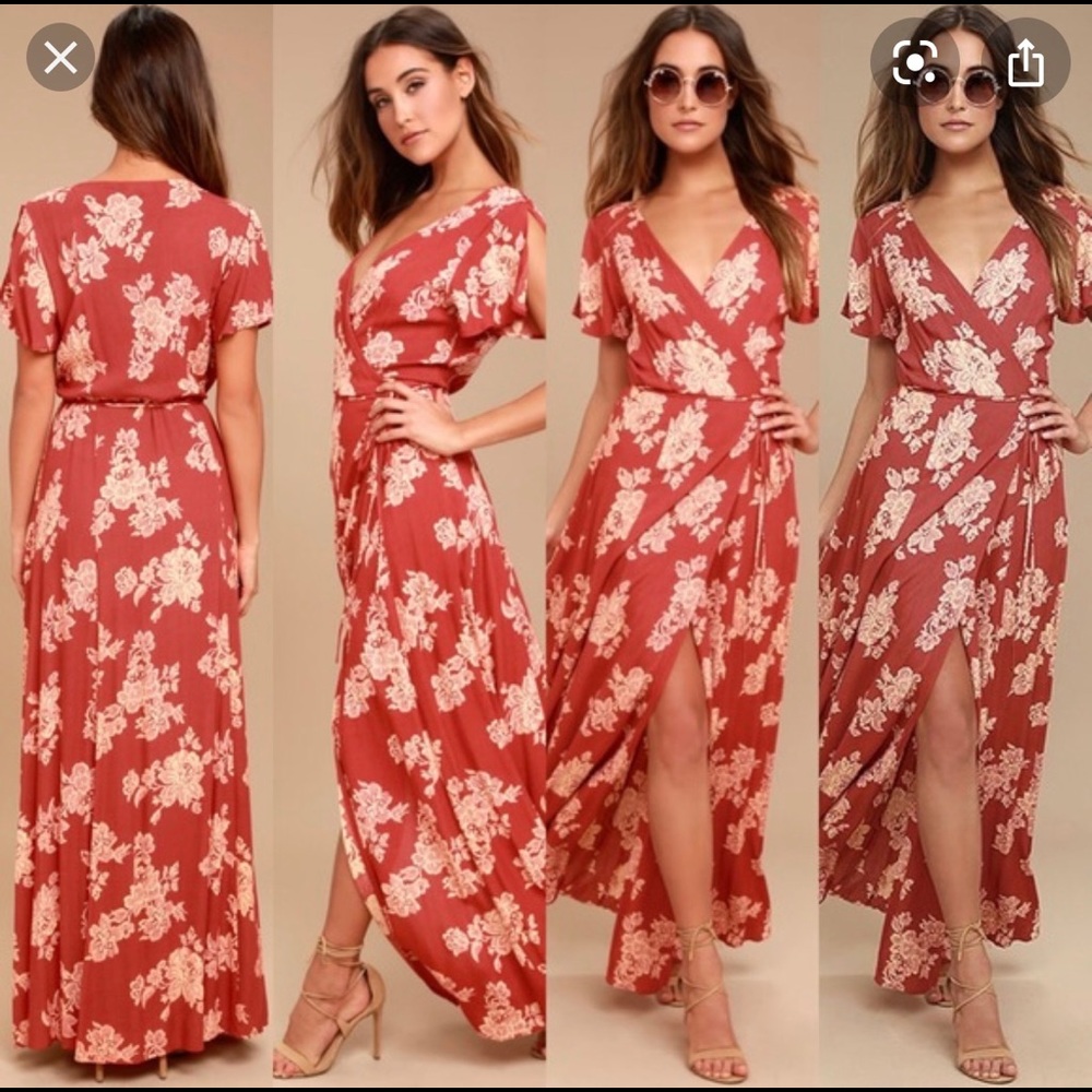 Heart of marigold rust red floral print wrap maxi